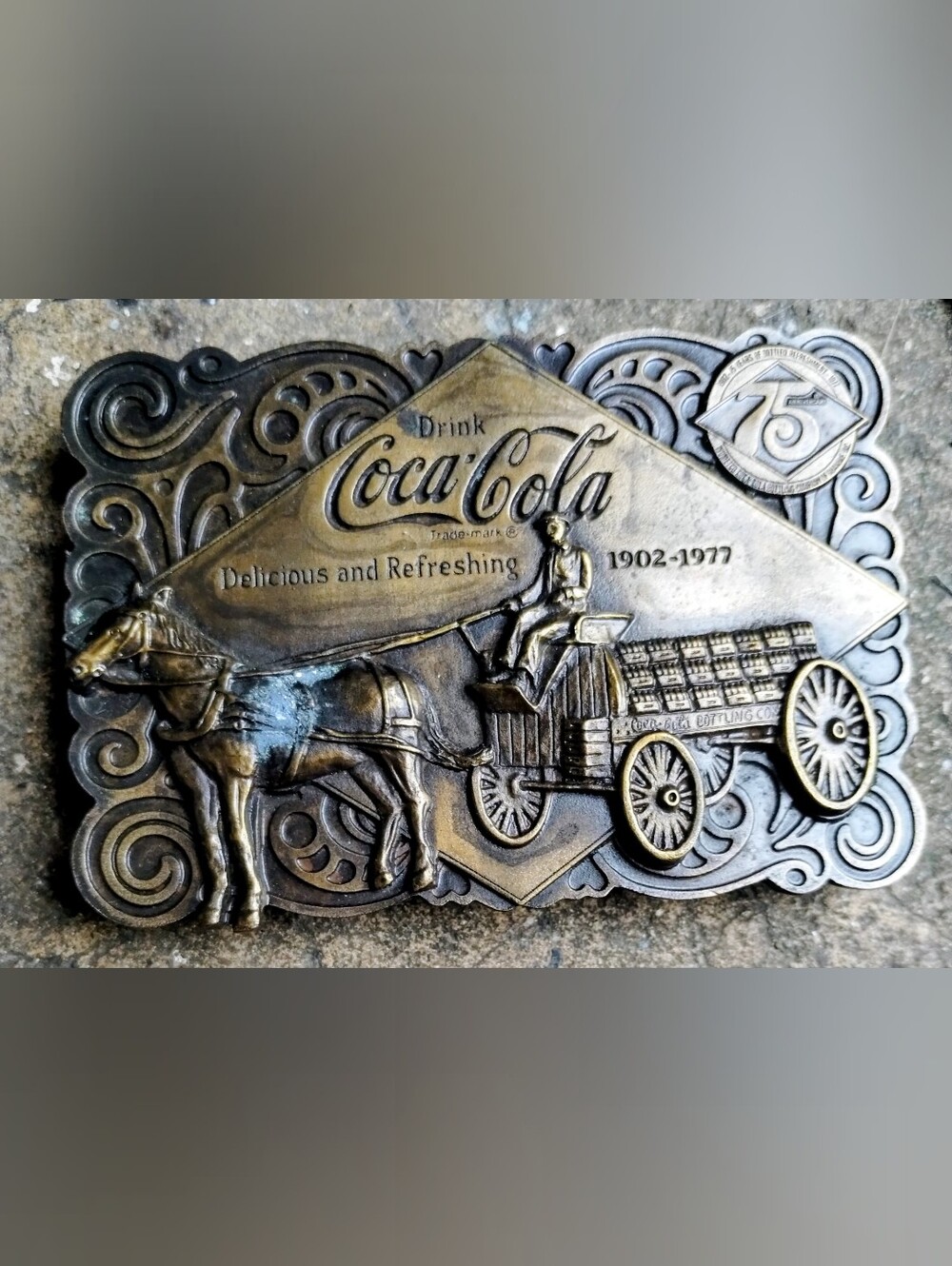 Coca Cola 75th Anniversary Bergamot Brass Belt Buckle/ Bottle opener 1976 VGE